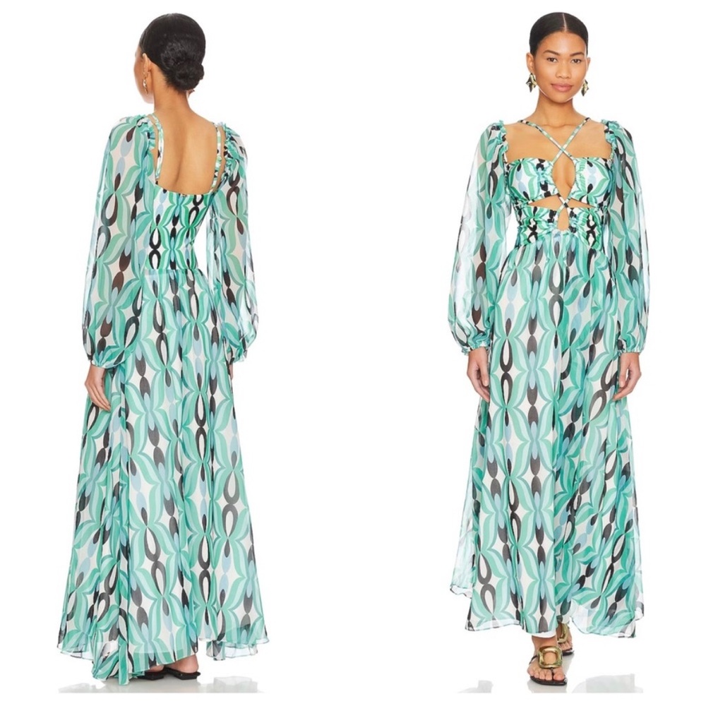 PatBO Teal and Black Printed Halter Tunic with Sheer Long Sleeves